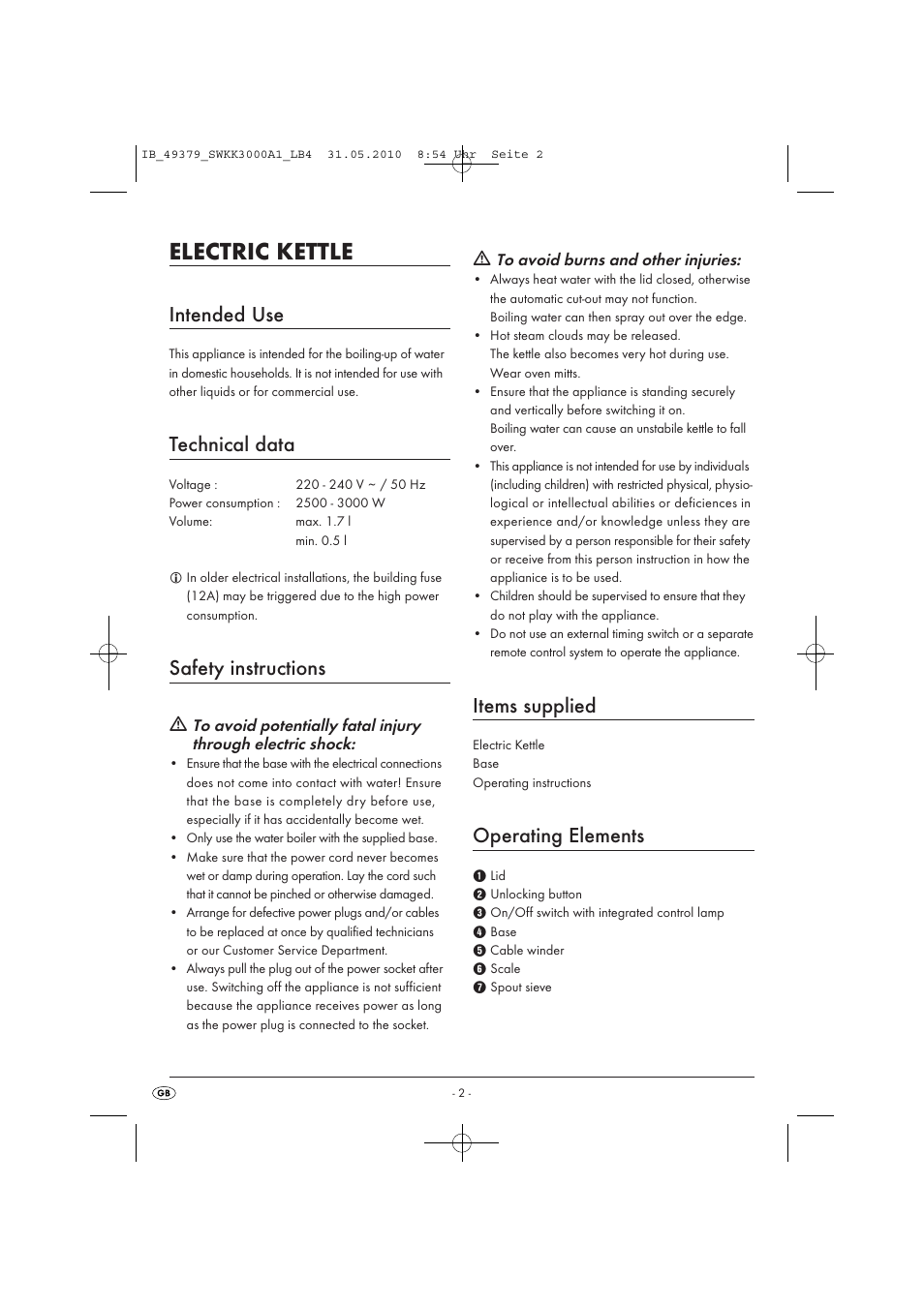 Electric kettle, Intended use, Technical data | Safety instructions, Items supplied, Operating elements | Silvercrest SWKK 3000 A1 User Manual | Page 4 / 49