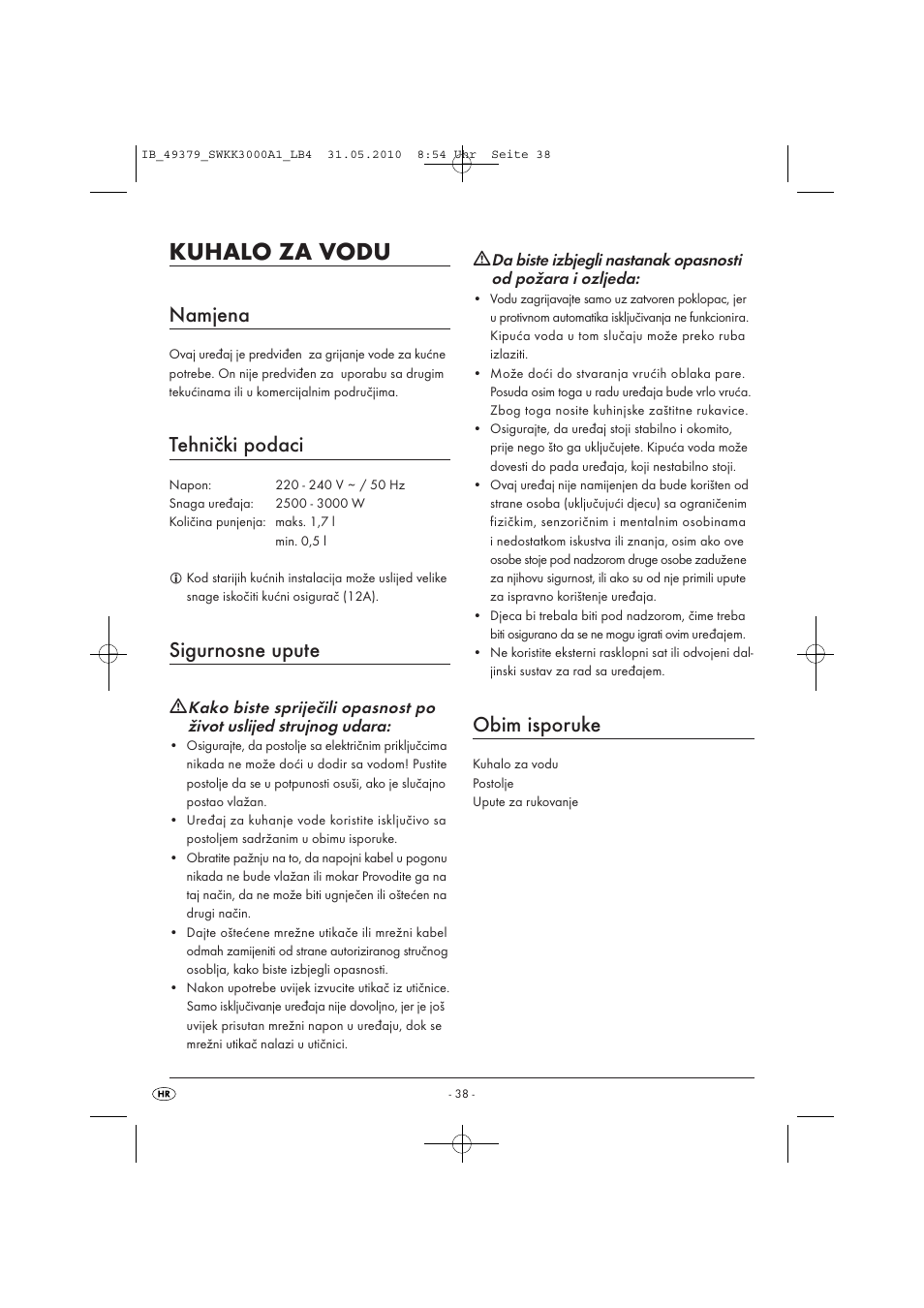 Kuhalo za vodu, Namjena, Tehnički podaci | Sigurnosne upute, Obim isporuke | Silvercrest SWKK 3000 A1 User Manual | Page 40 / 49