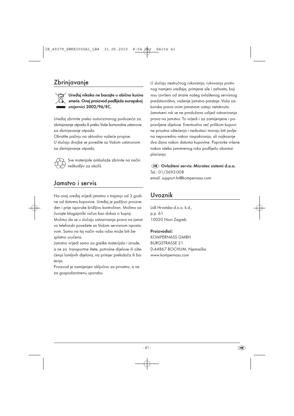 Zbrinjavanje, Jamstvo i servis, Uvoznik | Silvercrest SWKK 3000 A1 User Manual | Page 43 / 49