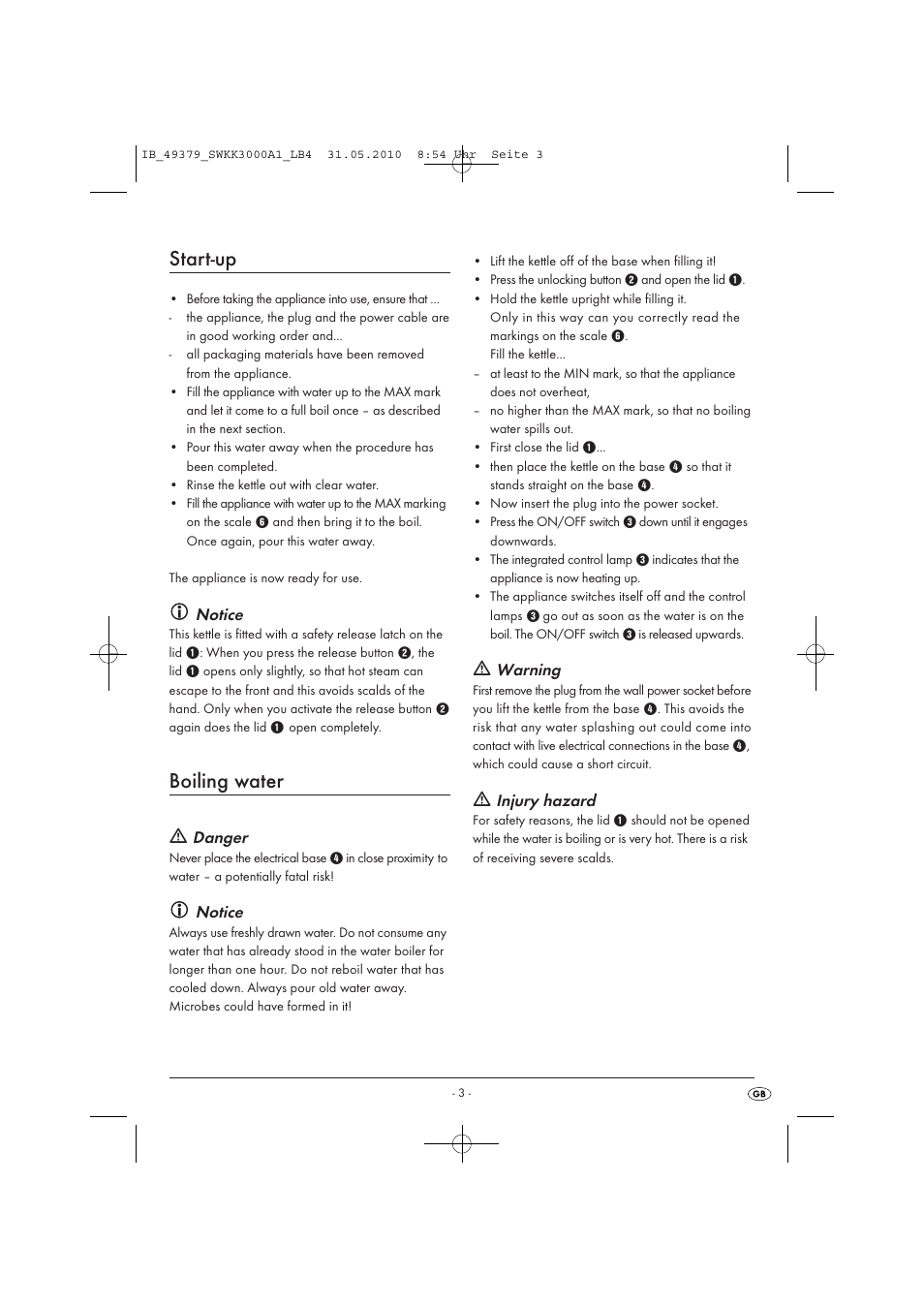 Start-up, Boiling water, Notice | Danger, Warning, Injury hazard | Silvercrest SWKK 3000 A1 User Manual | Page 5 / 49