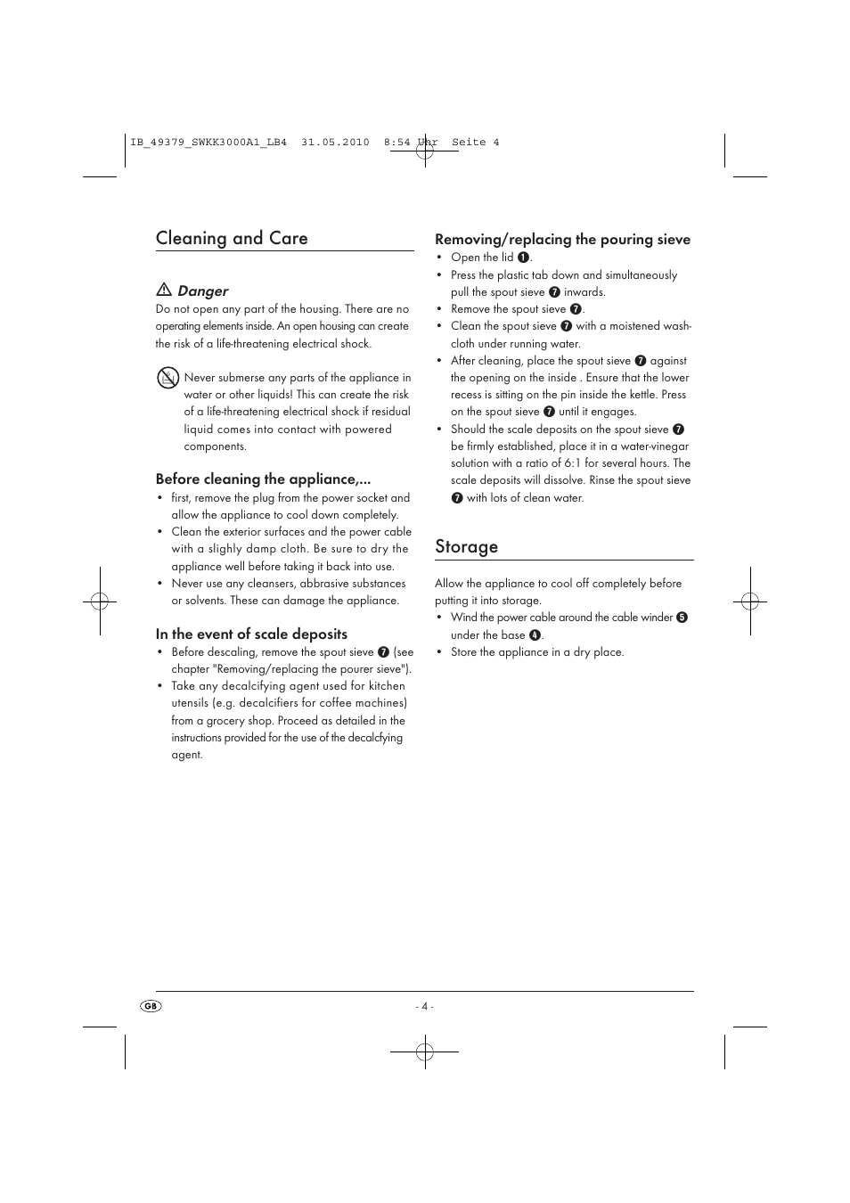 Cleaning and care, Storage, Danger | Silvercrest SWKK 3000 A1 User Manual | Page 6 / 49