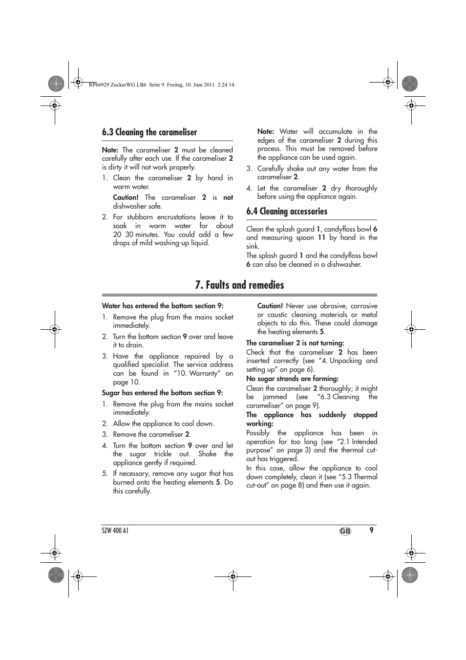 Faults and remedies, 3 cleaning the carameliser, 4 cleaning accessories | Silvercrest SZW 400 A1 User Manual | Page 11 / 14