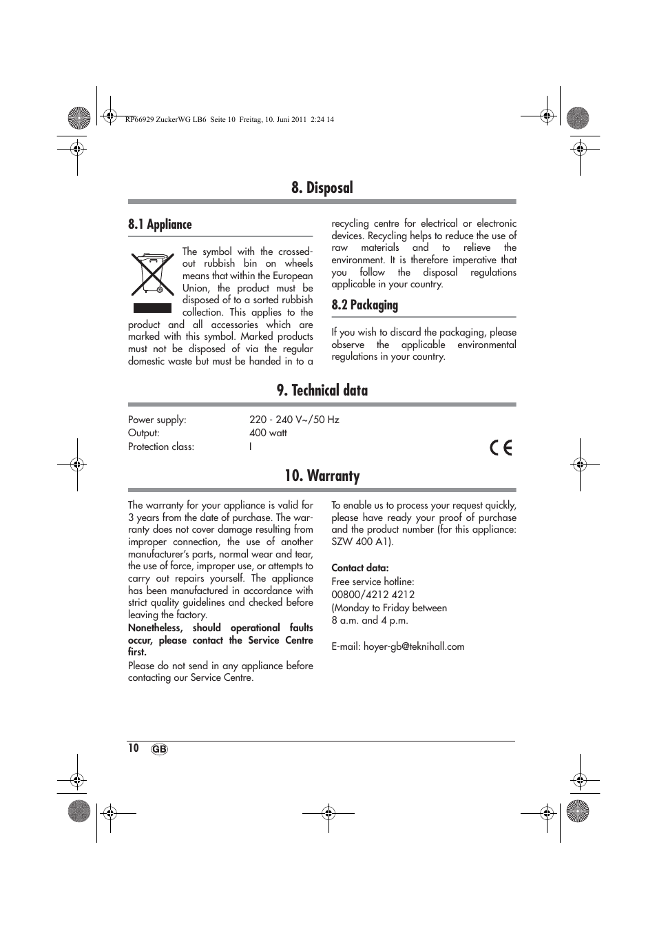 Disposal, Technical data, Warranty | 1 appliance, 2 packaging | Silvercrest SZW 400 A1 User Manual | Page 12 / 14