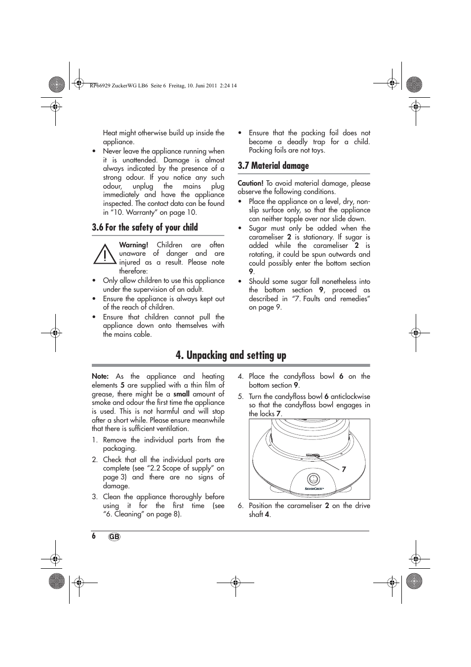 Unpacking and setting up, 6 for the safety of your child, 7 material damage | Silvercrest SZW 400 A1 User Manual | Page 8 / 14