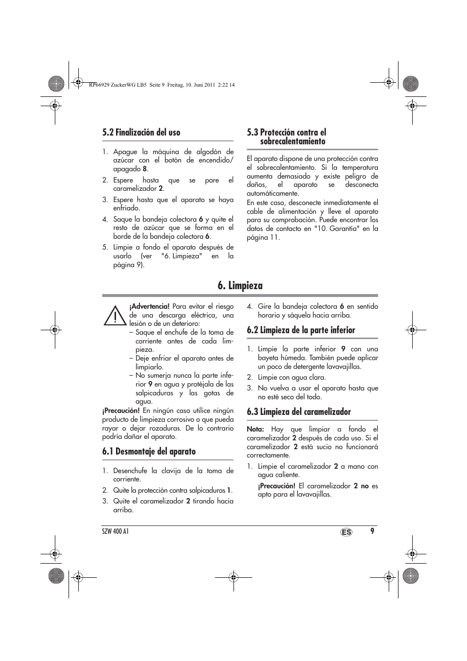 Limpieza, 2 finalización del uso, 3 protección contra el sobrecalentamiento | 1 desmontaje del aparato, 2 limpieza de la parte inferior, 3 limpieza del caramelizador | Silvercrest SZW 400 A1 User Manual | Page 11 / 50