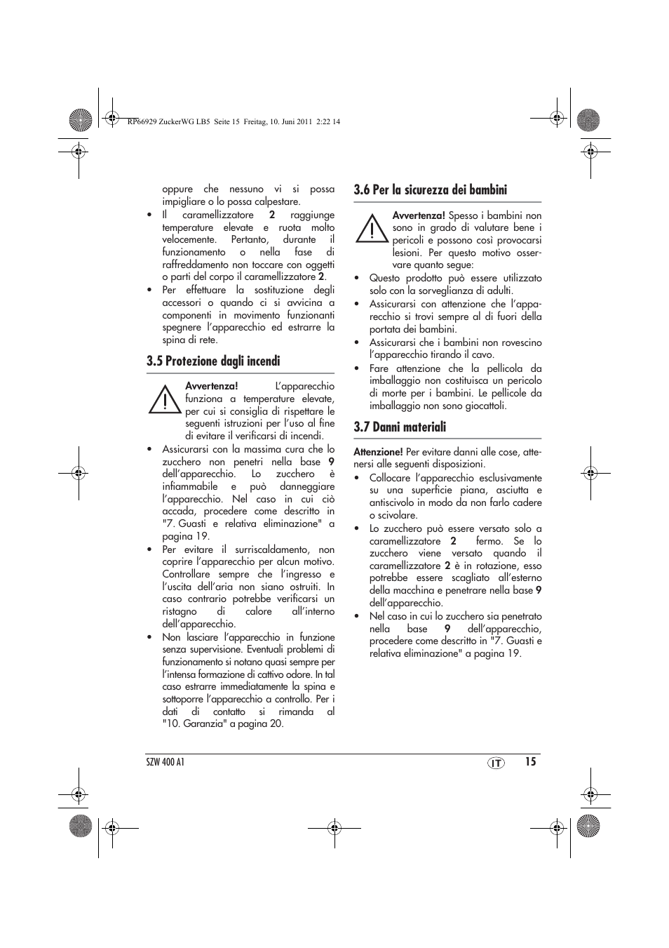 5 protezione dagli incendi, 6 per la sicurezza dei bambini, 7 danni materiali | Silvercrest SZW 400 A1 User Manual | Page 17 / 50