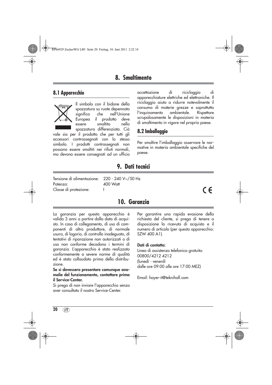 Smaltimento, Dati tecnici, Garanzia | Silvercrest SZW 400 A1 User Manual | Page 22 / 50