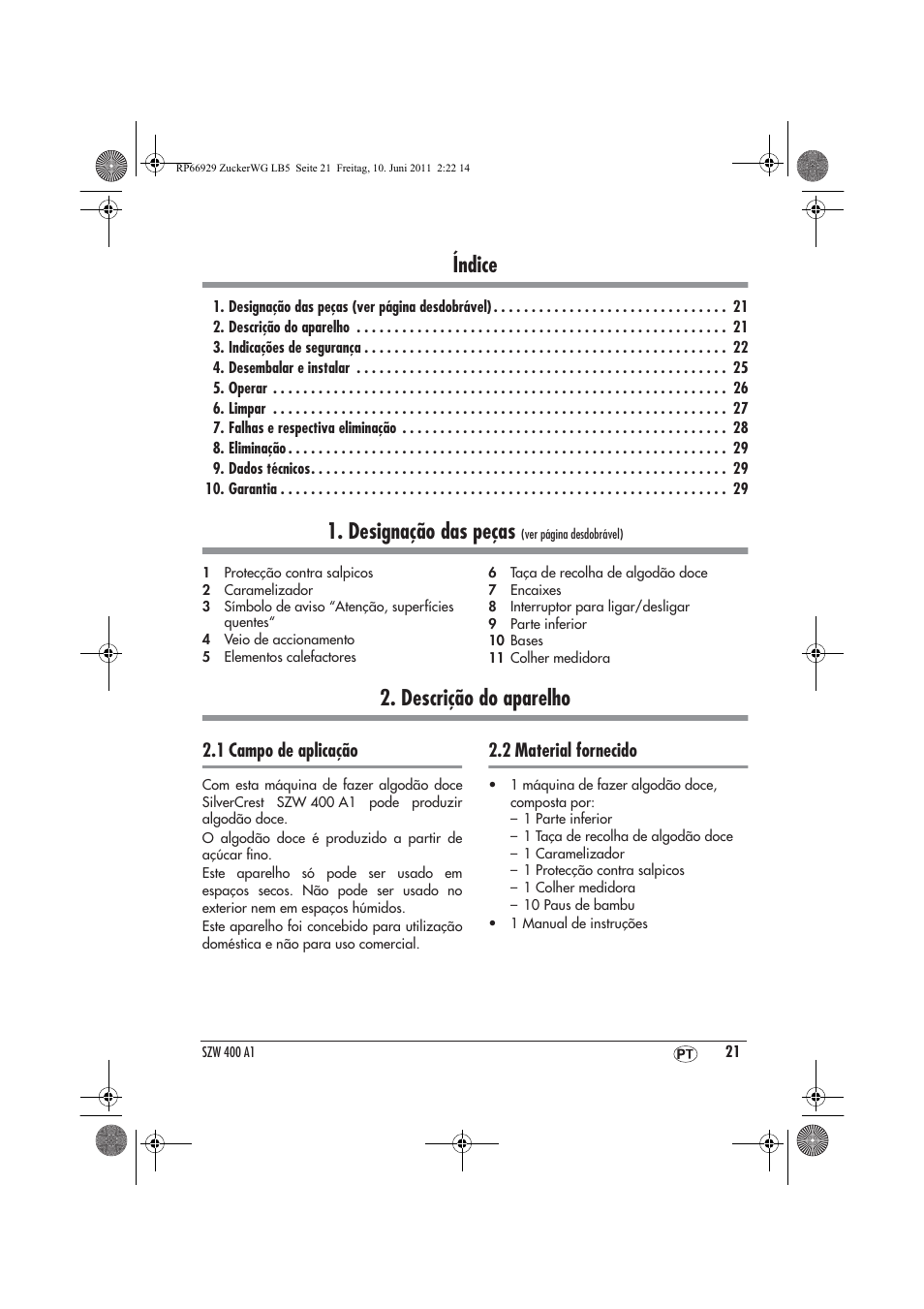 Índice, Designação das peças, Descrição do aparelho | 1 campo de aplicação, 2 material fornecido | Silvercrest SZW 400 A1 User Manual | Page 23 / 50
