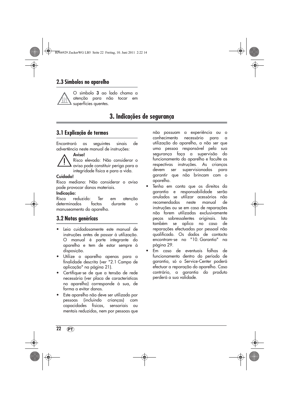 Indicações de segurança, 3 símbolos no aparelho, 1 explicação de termos | 2 notas genéricas | Silvercrest SZW 400 A1 User Manual | Page 24 / 50