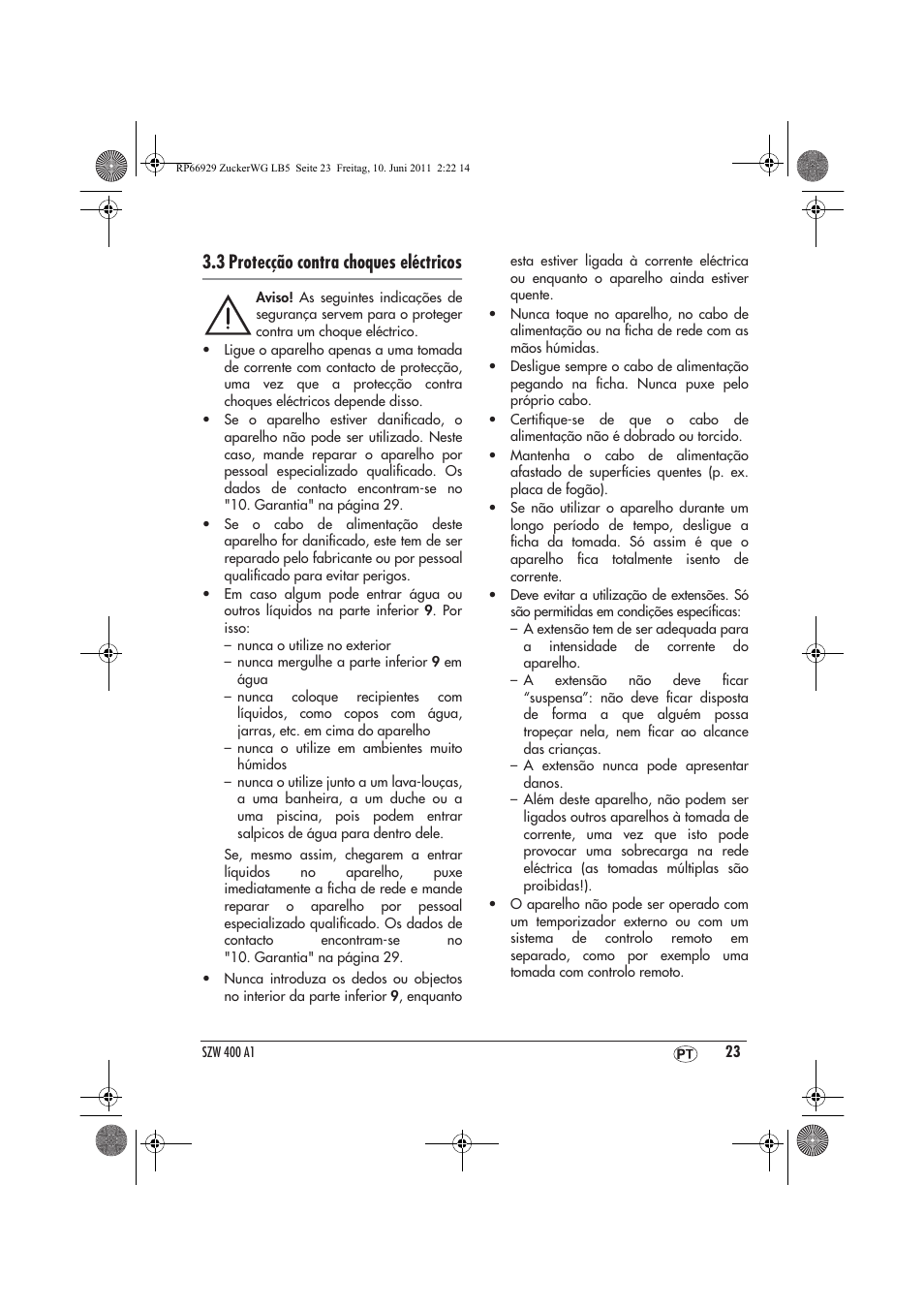 3 protecção contra choques eléctricos | Silvercrest SZW 400 A1 User Manual | Page 25 / 50