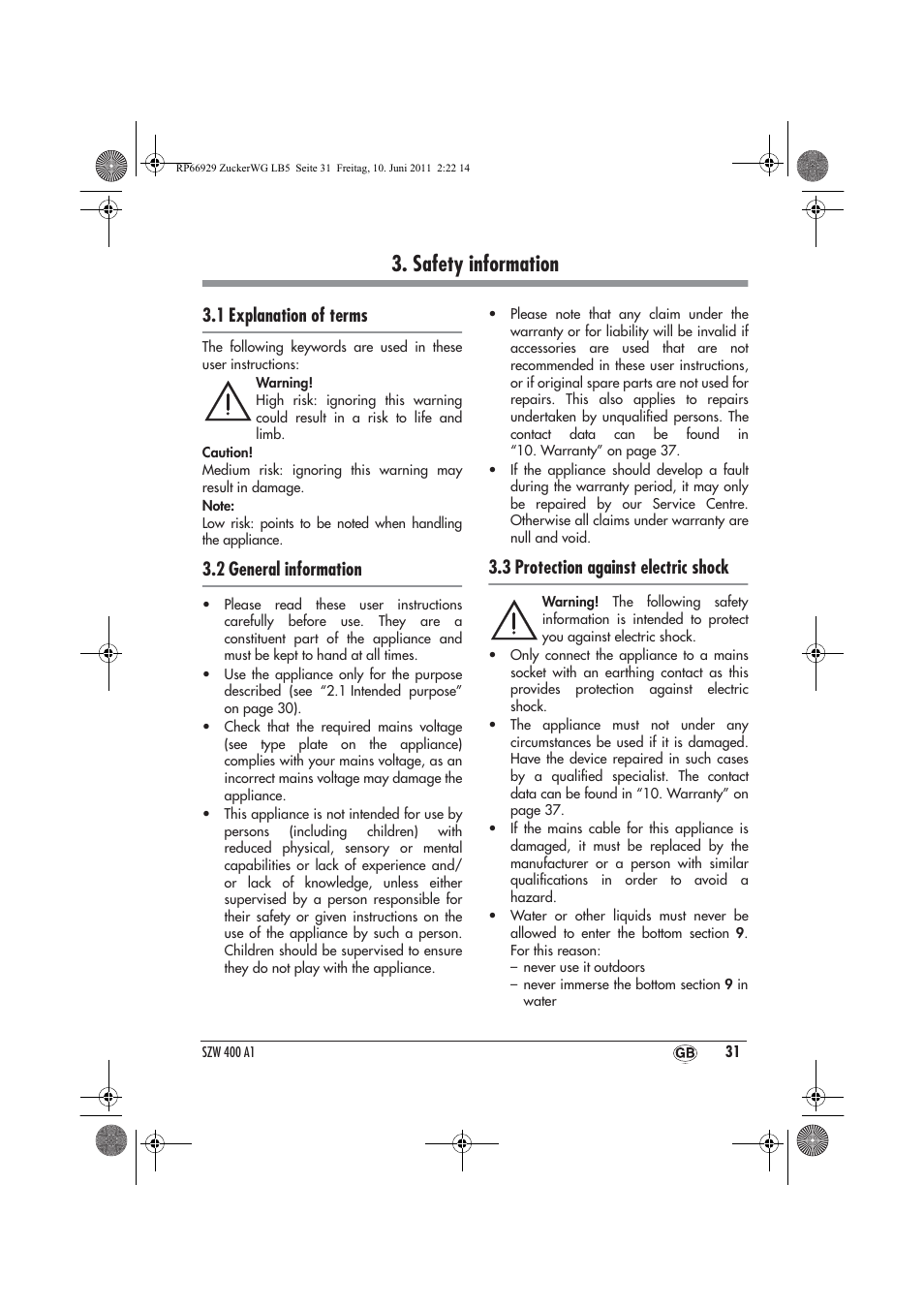 Safety information, 1 explanation of terms, 2 general information | 3 protection against electric shock | Silvercrest SZW 400 A1 User Manual | Page 33 / 50