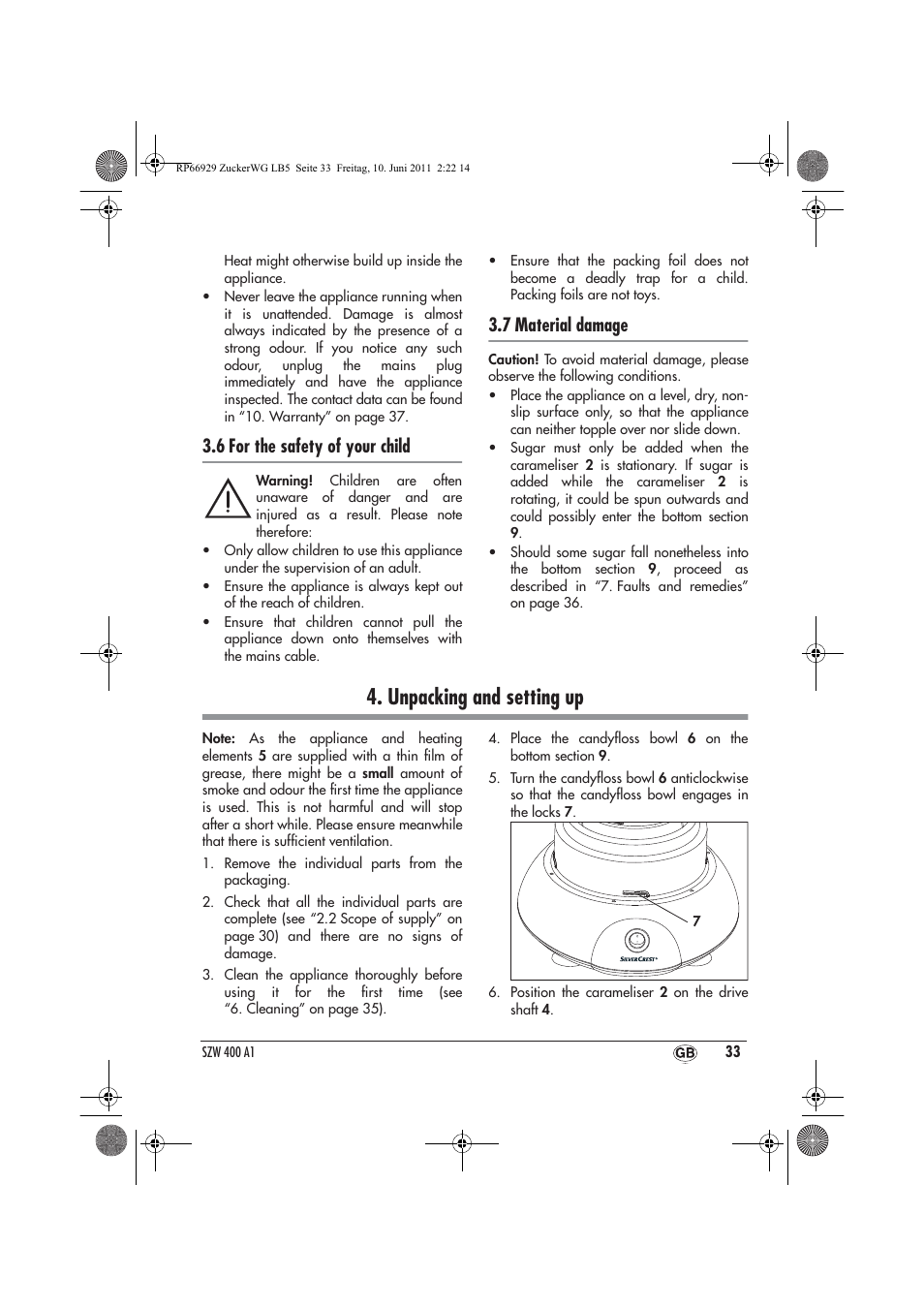 Unpacking and setting up, 6 for the safety of your child, 7 material damage | Silvercrest SZW 400 A1 User Manual | Page 35 / 50