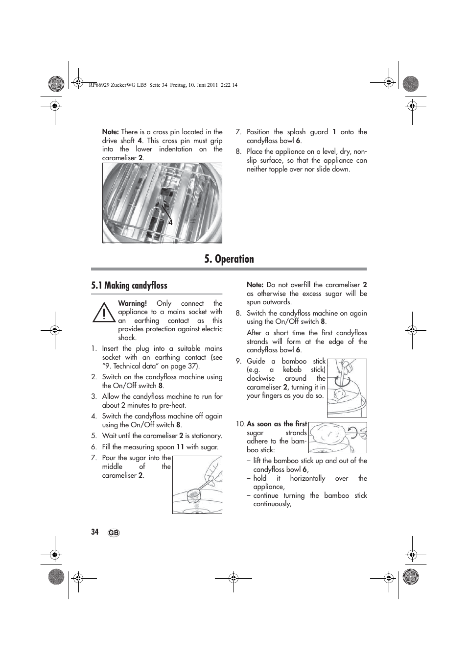 Operation, 1 making candyﬂoss | Silvercrest SZW 400 A1 User Manual | Page 36 / 50