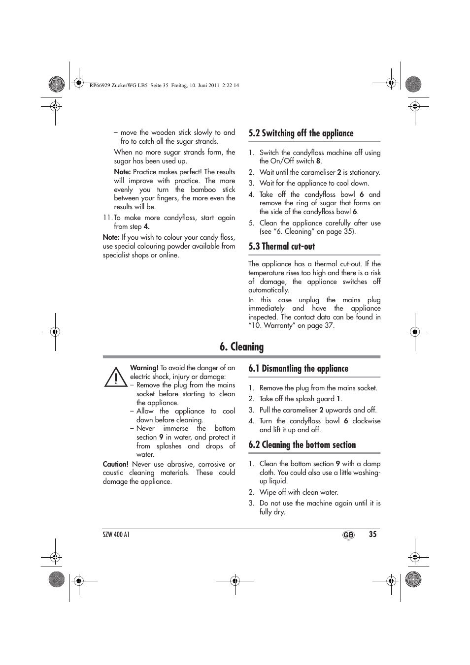 Cleaning, 2 switching off the appliance, 3 thermal cut-out | 1 dismantling the appliance | Silvercrest SZW 400 A1 User Manual | Page 37 / 50