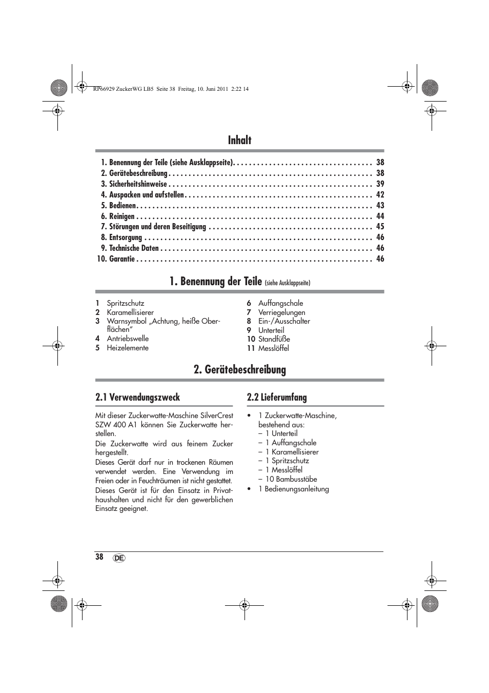 Inhalt, Benennung der teile, Gerätebeschreibung | 1 verwendungszweck, 2 lieferumfang | Silvercrest SZW 400 A1 User Manual | Page 40 / 50