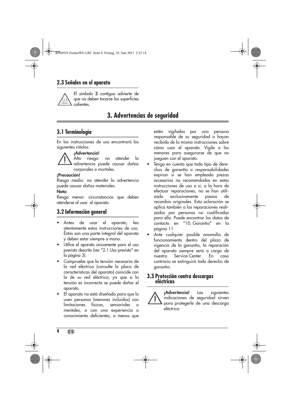 Advertencias de seguridad, 3 señales en el aparato, 1 terminología | 2 información general, 3 protección contra descargas eléctricas | Silvercrest SZW 400 A1 User Manual | Page 6 / 50