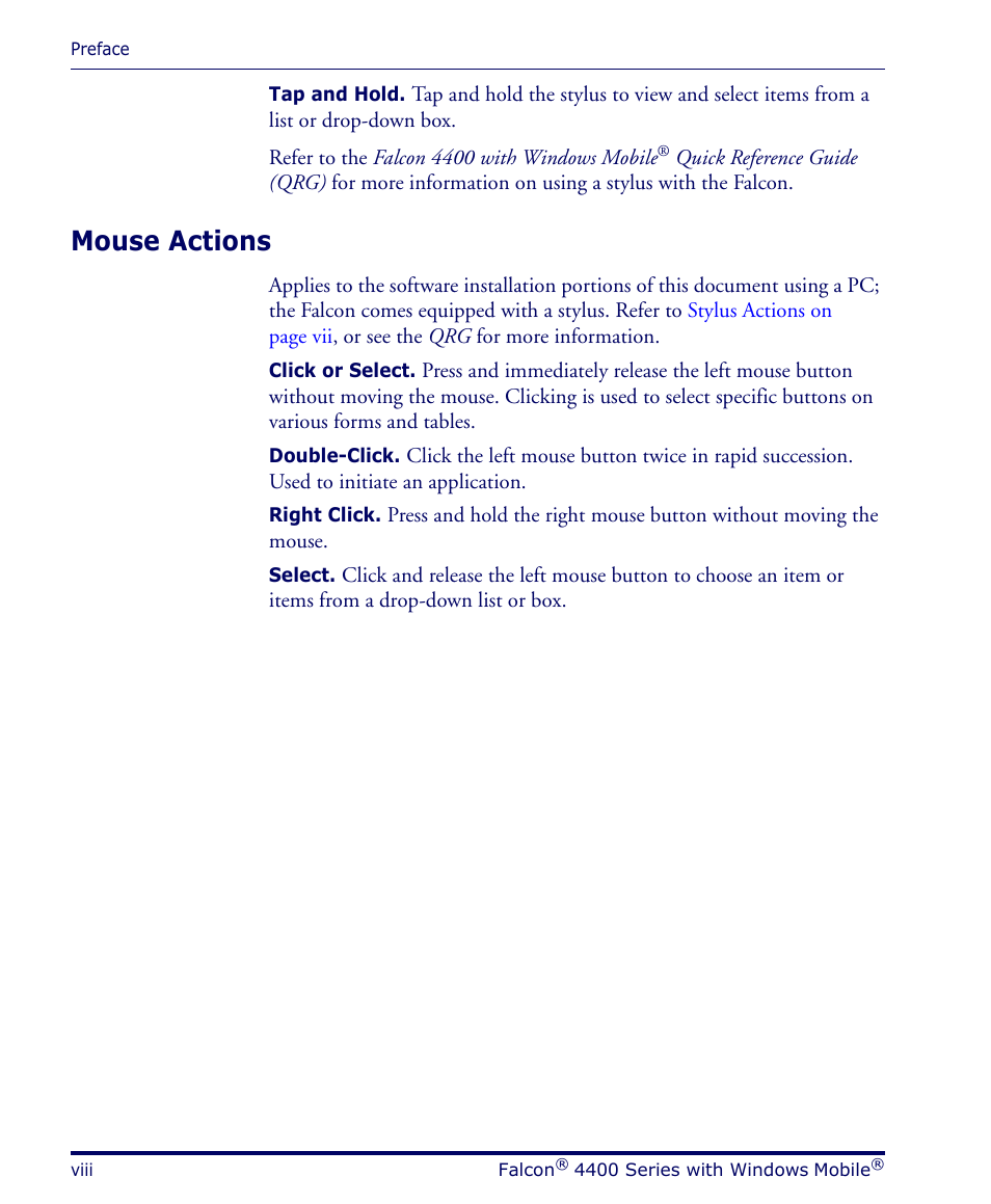 Mouse actions | Datalogic Scanning FALCON 4400 SERIES User Manual | Page 10 / 212