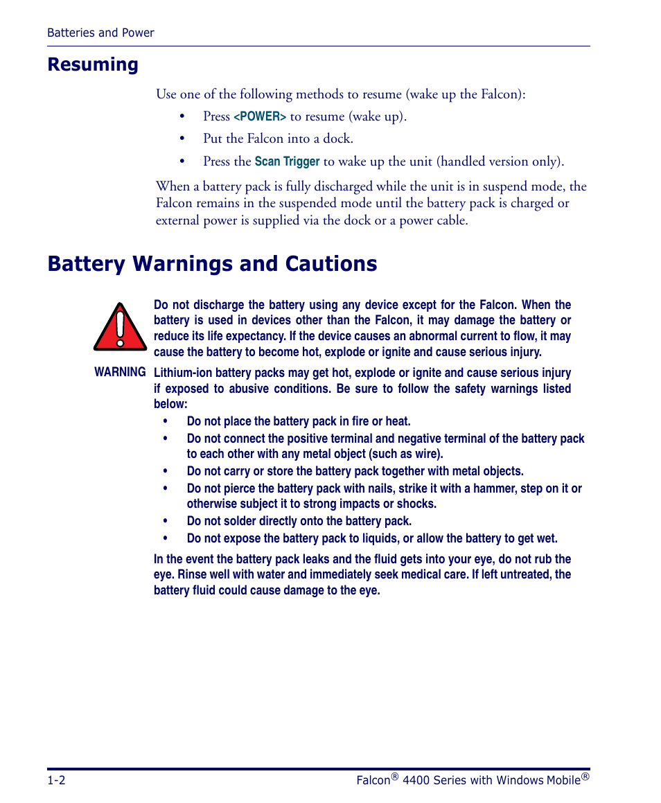 Resuming, Battery warnings and cautions, Resuming -2 | Battery warnings and cautions -2, Battery warnings and cautions, p | Datalogic Scanning FALCON 4400 SERIES User Manual | Page 12 / 212