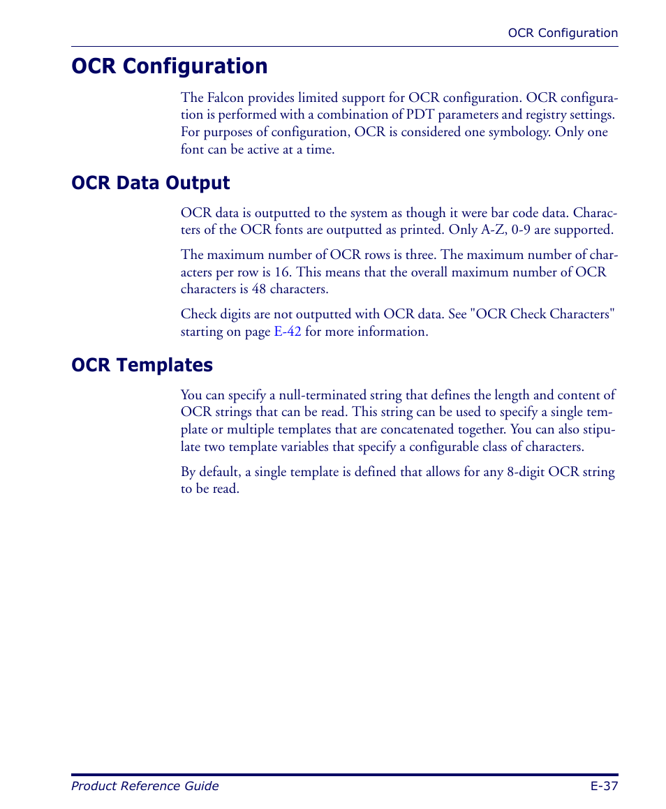 Ocr configuration, Ocr data output, Ocr templates | E-37 | Datalogic Scanning FALCON 4400 SERIES User Manual | Page 133 / 212