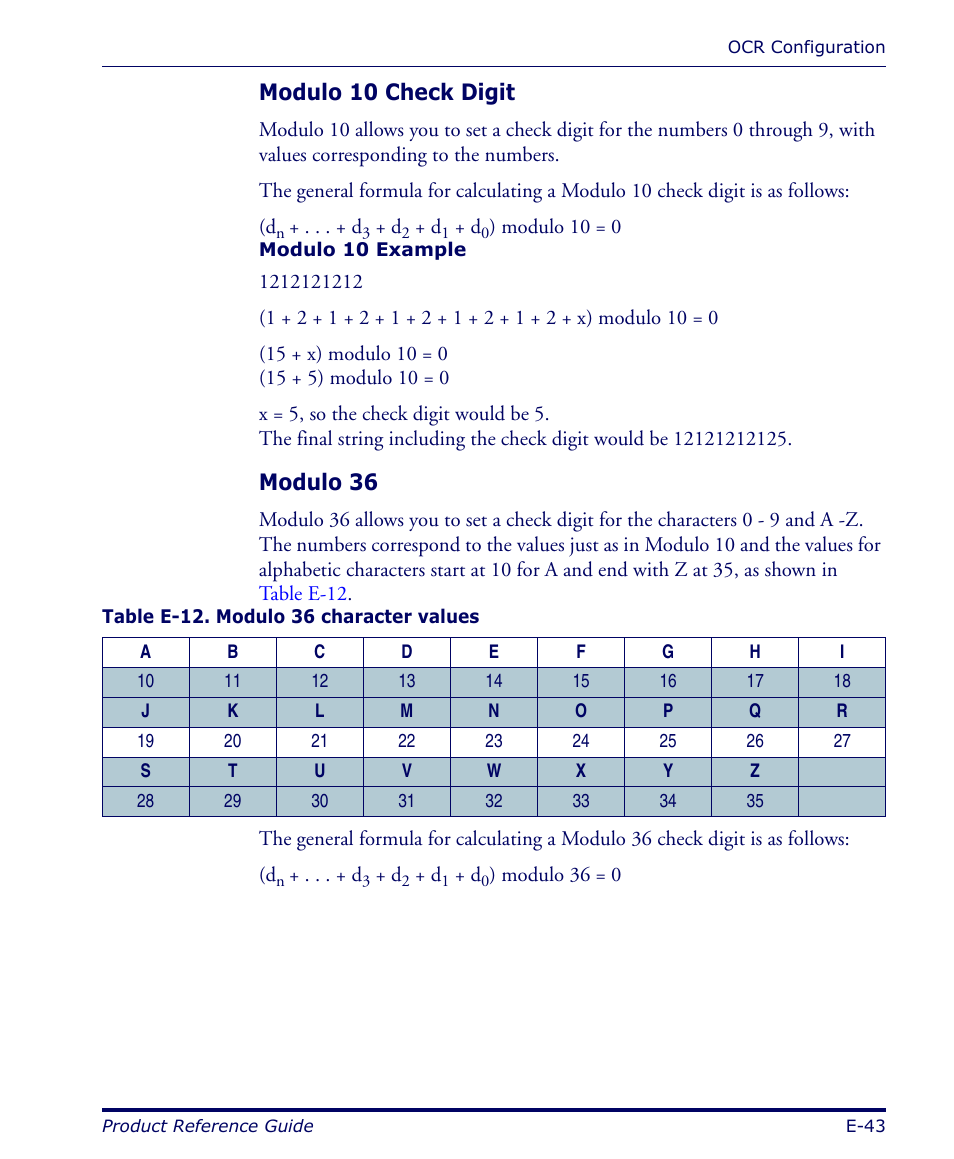 Modulo 10 check digit, Modulo 36 | Datalogic Scanning FALCON 4400 SERIES User Manual | Page 139 / 212