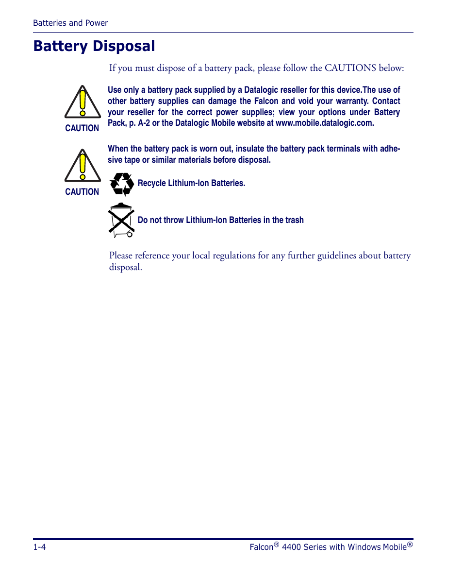 Battery disposal, Battery disposal -4, Battery disposal, p | Datalogic Scanning FALCON 4400 SERIES User Manual | Page 14 / 212