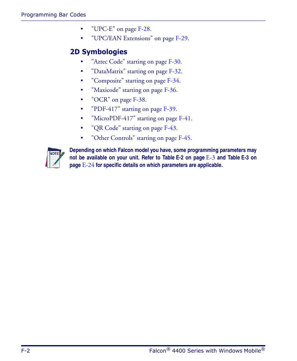 2d symbologies | Datalogic Scanning FALCON 4400 SERIES User Manual | Page 144 / 212