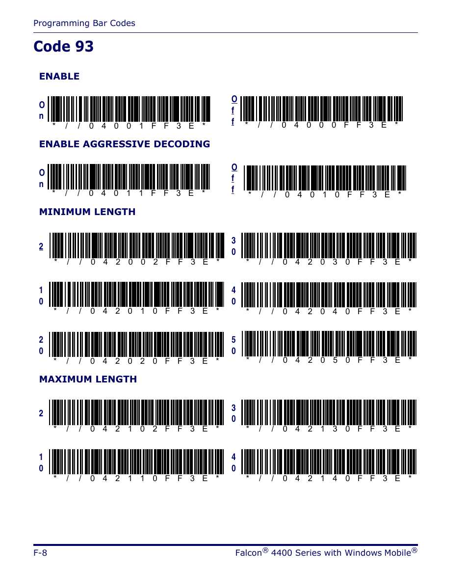 Code 93 | Datalogic Scanning FALCON 4400 SERIES User Manual | Page 150 / 212