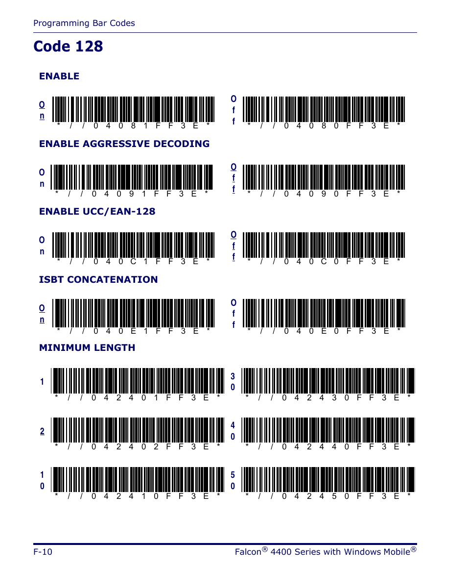 Code 128, F-10 | Datalogic Scanning FALCON 4400 SERIES User Manual | Page 152 / 212