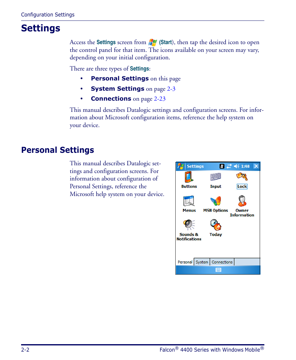 Settings, Personal settings, Settings -2 | Personal settings -2 | Datalogic Scanning FALCON 4400 SERIES User Manual | Page 16 / 212