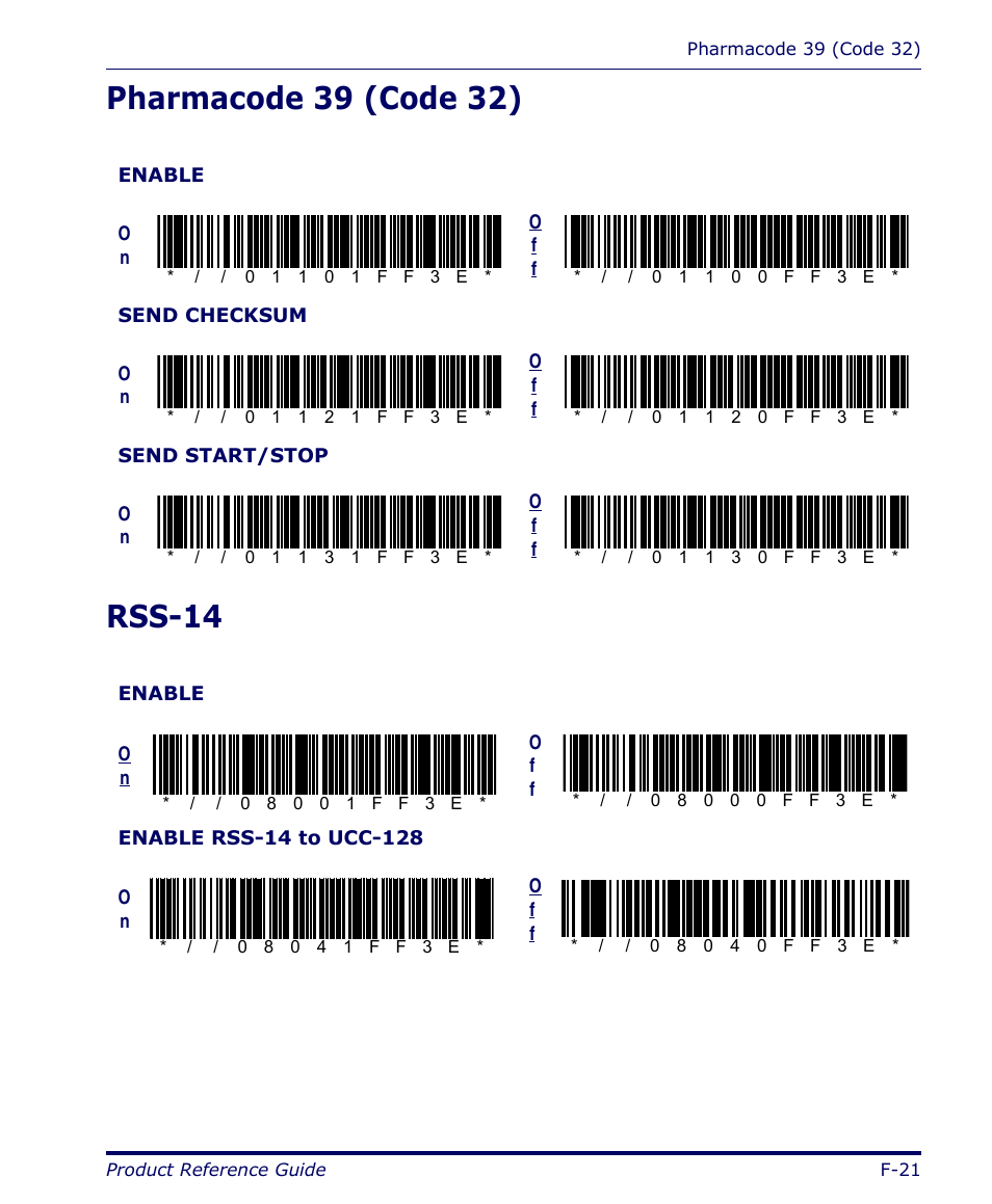 Pharmacode 39 (code 32), Rss-14, F-21 | Datalogic Scanning FALCON 4400 SERIES User Manual | Page 163 / 212
