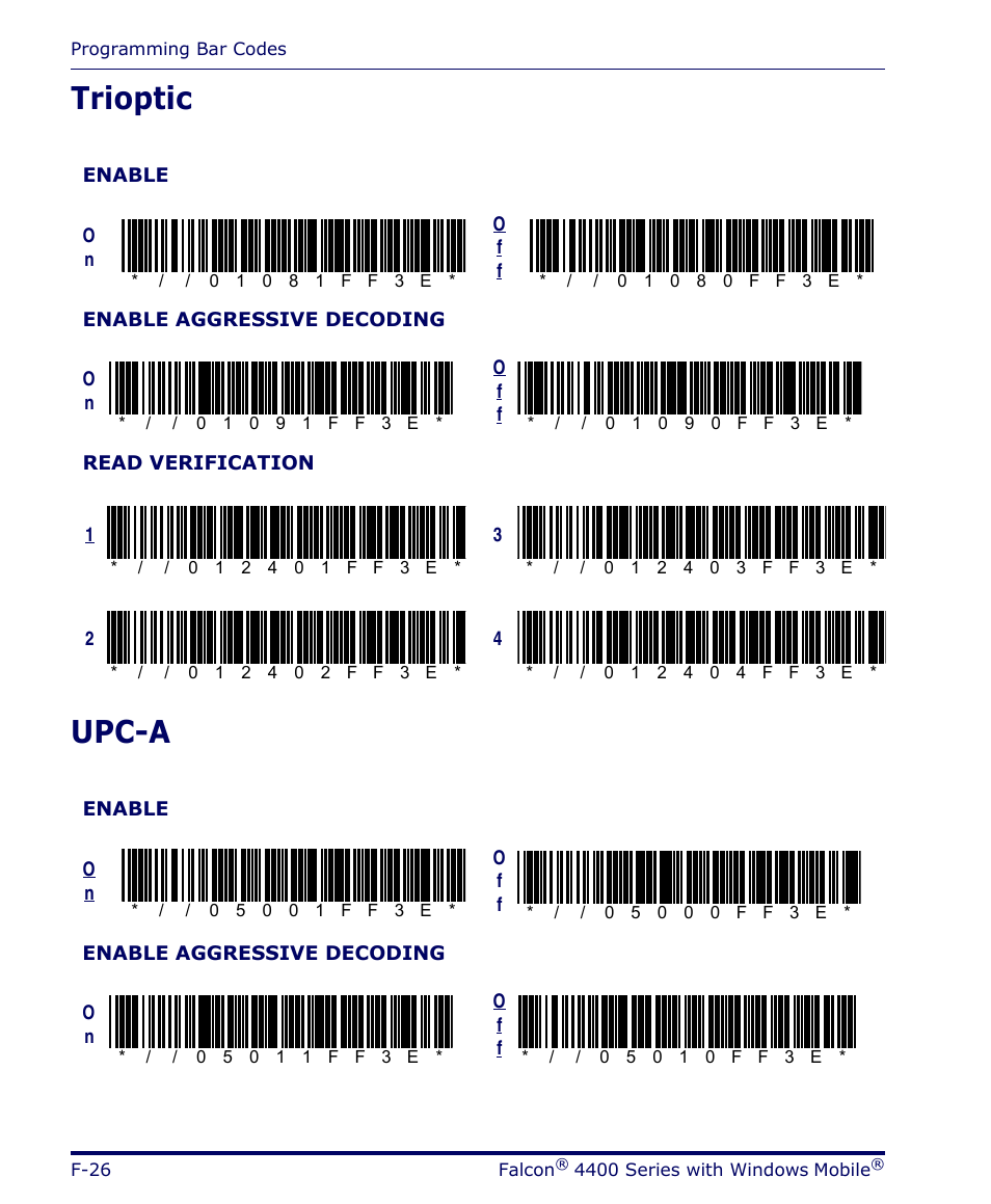 Trioptic, Upc-a, F-26 | Trioptic upc-a | Datalogic Scanning FALCON 4400 SERIES User Manual | Page 168 / 212