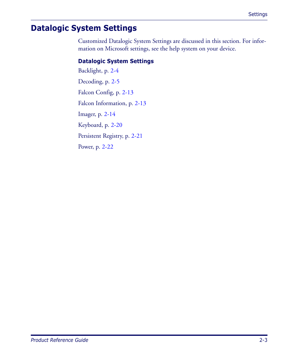 Datalogic system settings, Datalogic system settings -3 | Datalogic Scanning FALCON 4400 SERIES User Manual | Page 17 / 212