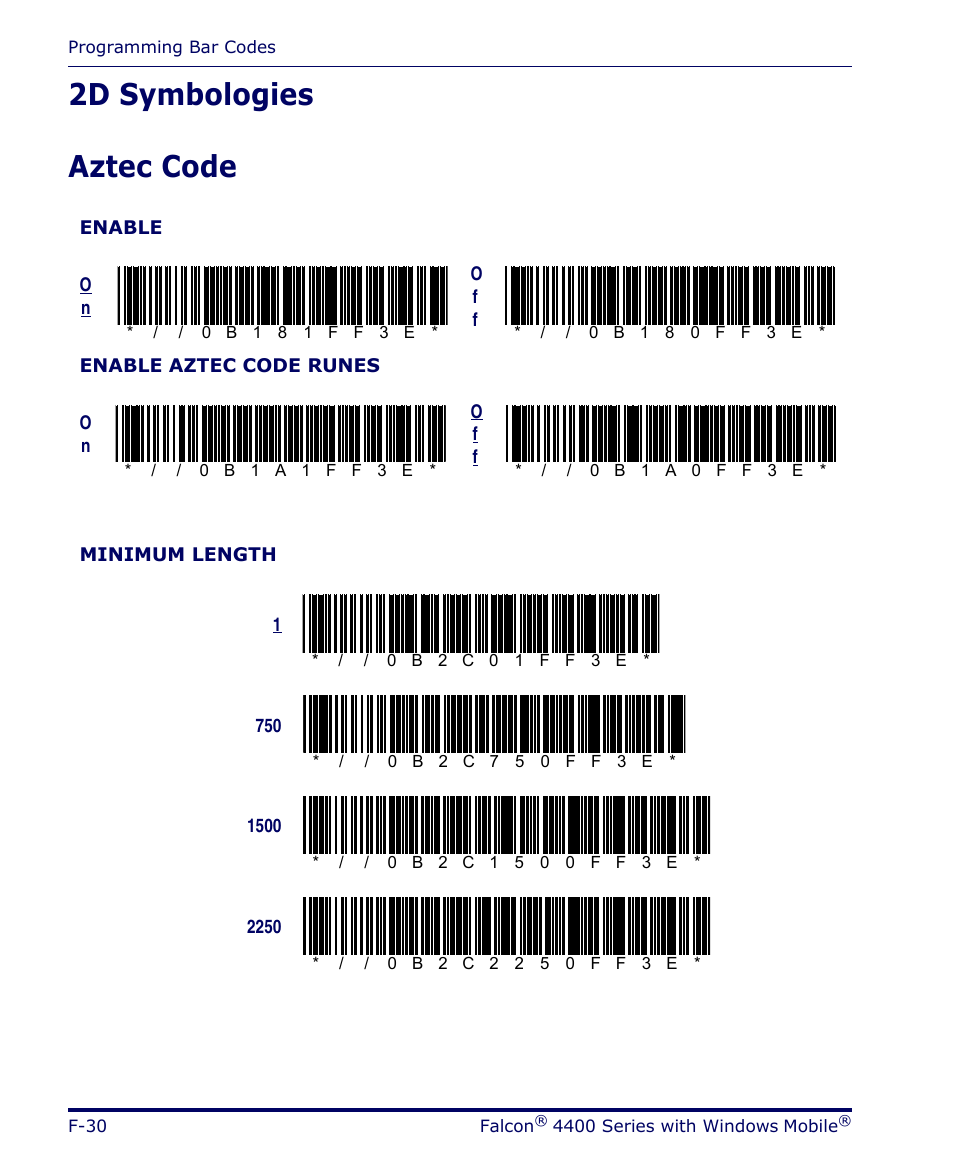2d symbologies, Aztec code, F-30 | 2d symbologies aztec code | Datalogic Scanning FALCON 4400 SERIES User Manual | Page 172 / 212