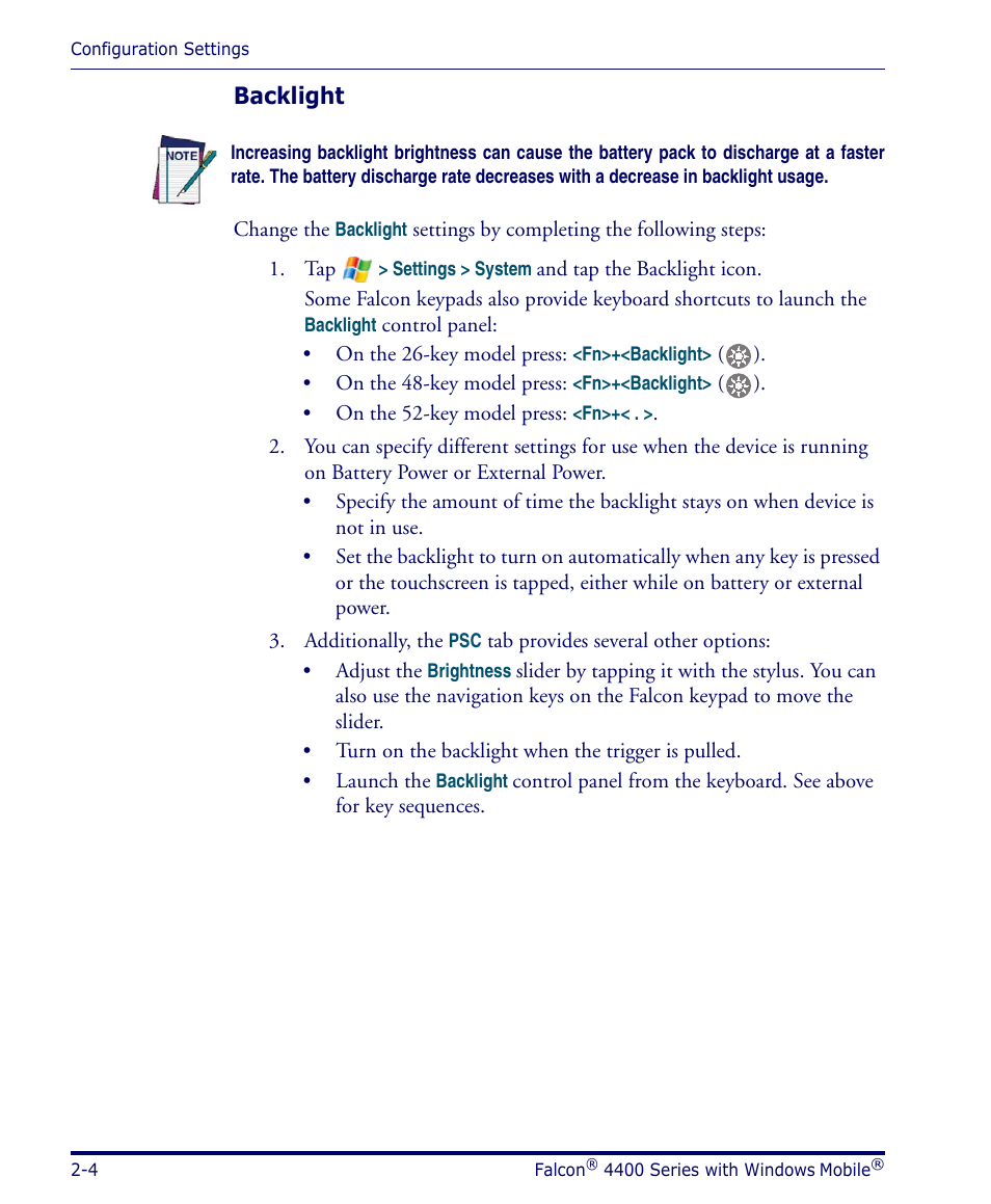 Backlight, Backlight, p | Datalogic Scanning FALCON 4400 SERIES User Manual | Page 18 / 212
