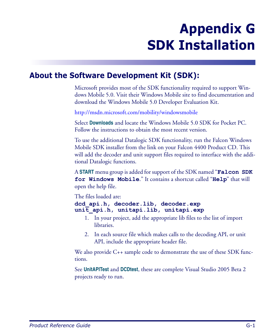 Sdk installation, About the software development kit (sdk), Appendix | Appendix g sdk installation | Datalogic Scanning FALCON 4400 SERIES User Manual | Page 193 / 212