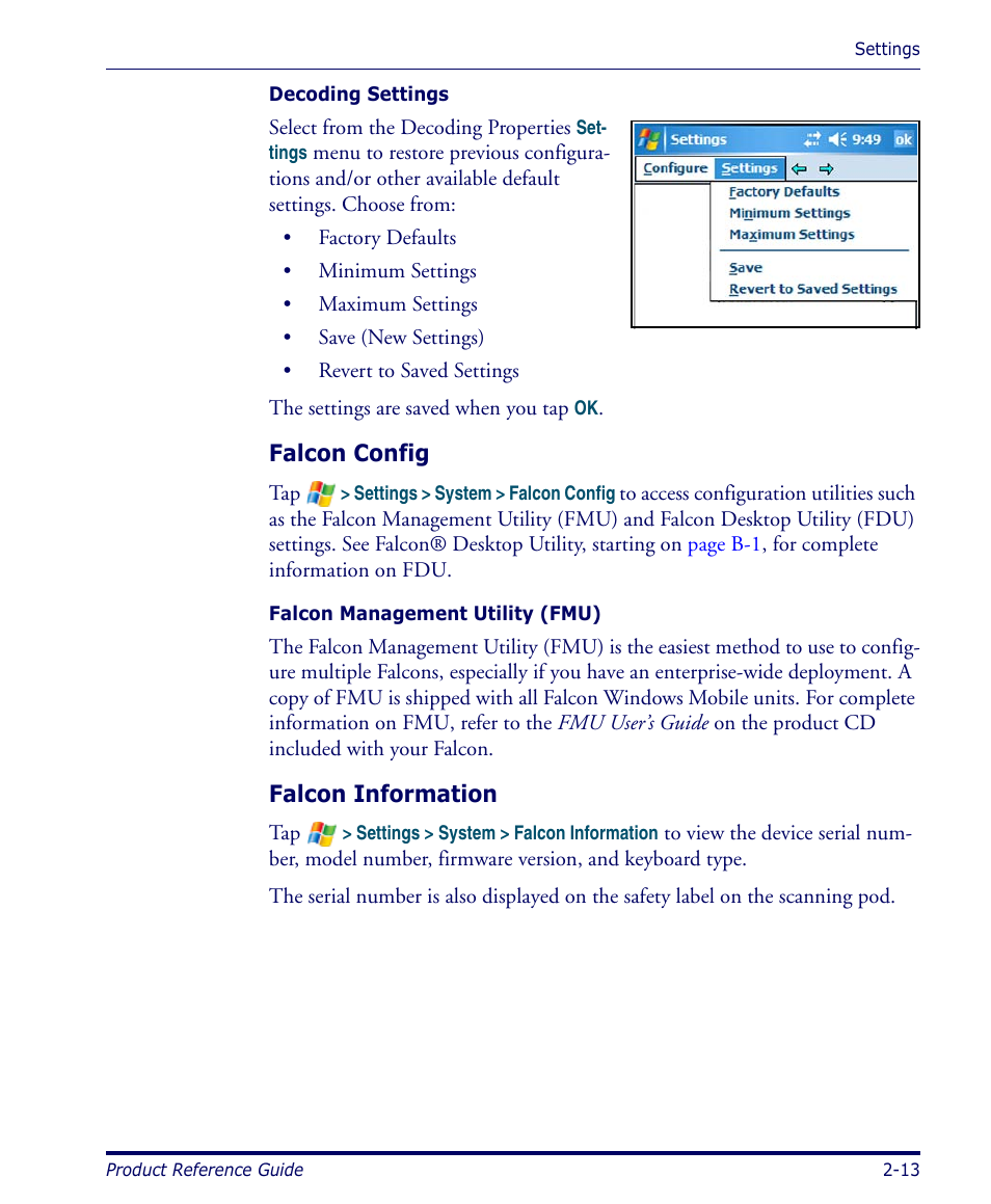 Falcon config, Falcon information, Falcon config, p | Falcon information, p | Datalogic Scanning FALCON 4400 SERIES User Manual | Page 27 / 212