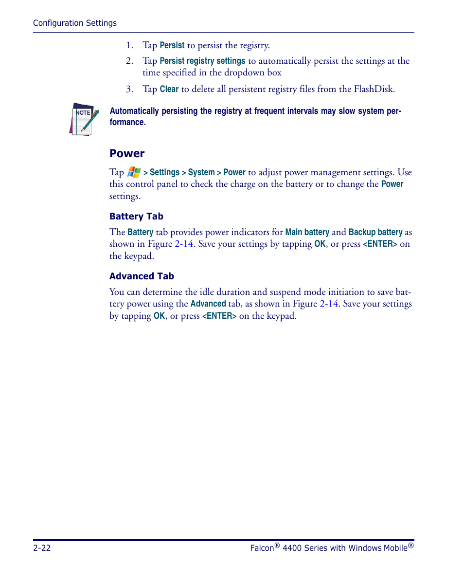 Power, Efer to advanced tab, p, Fer to advanced tab, p | Power, p | Datalogic Scanning FALCON 4400 SERIES User Manual | Page 36 / 212