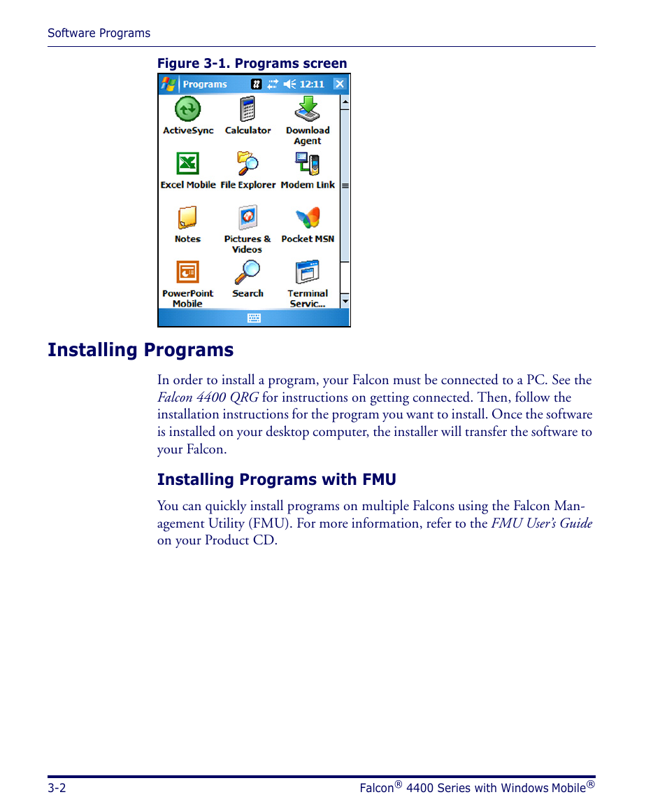 Installing programs, Installing programs with fmu, Installing programs -2 | Datalogic Scanning FALCON 4400 SERIES User Manual | Page 50 / 212