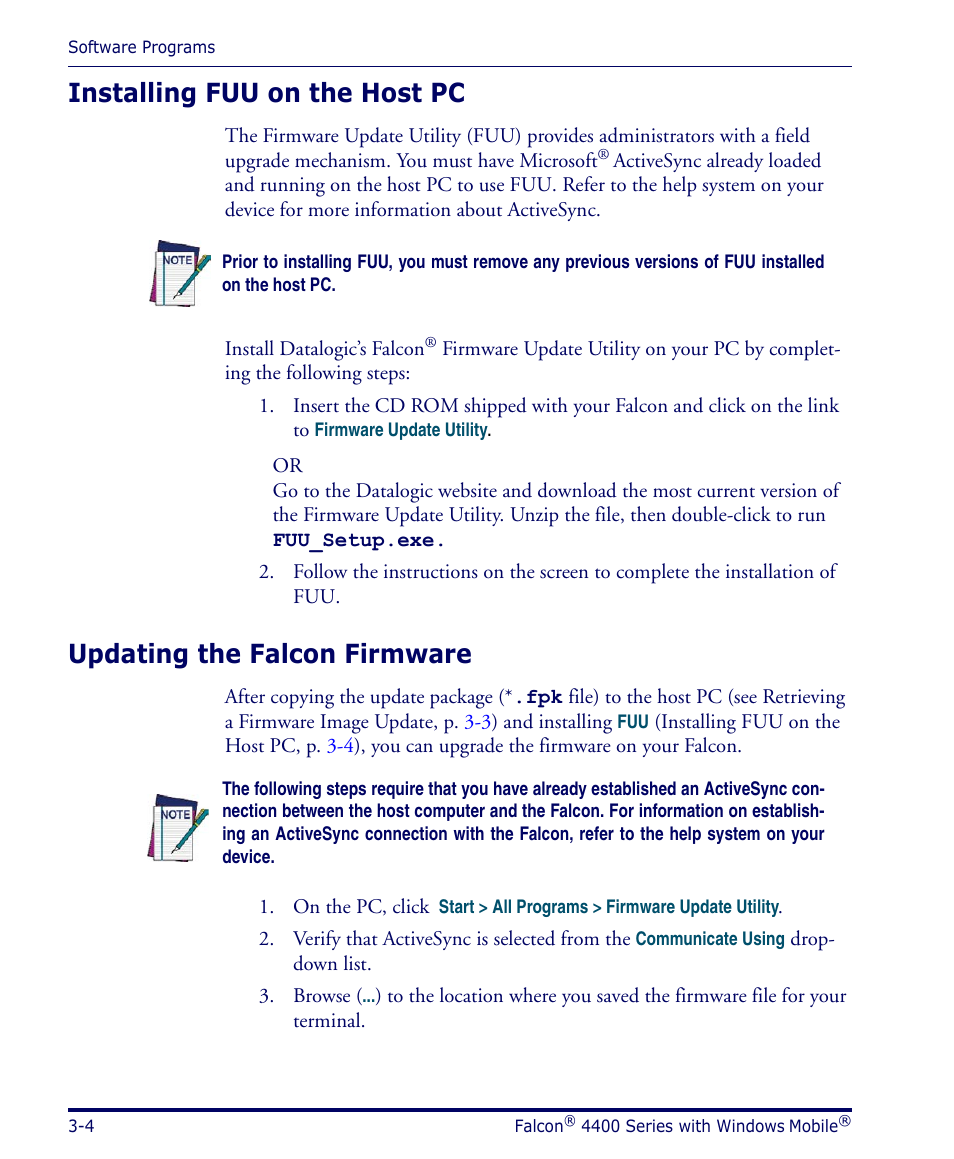 Installing fuu on the host pc, Updating the falcon firmware, Installing fuu on the host pc, p | Updating the falcon firmware, p | Datalogic Scanning FALCON 4400 SERIES User Manual | Page 52 / 212