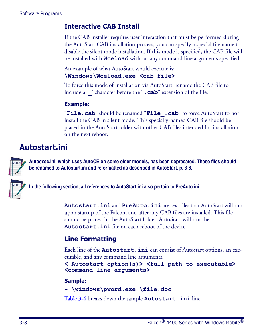 Interactive cab install, Autostart.ini, Line formatting | Autostart.ini -8 | Datalogic Scanning FALCON 4400 SERIES User Manual | Page 56 / 212