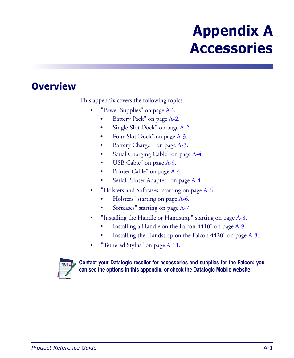 Accessories, Overview, Appendix | Accessories, describes a, Appendix a accessories | Datalogic Scanning FALCON 4400 SERIES User Manual | Page 61 / 212