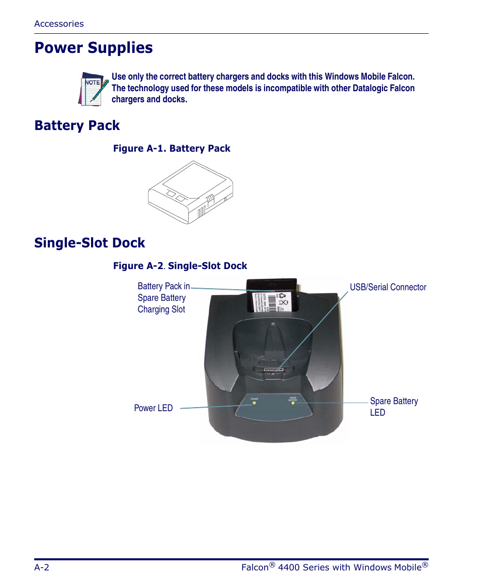 Power supplies, Battery pack, Single-slot dock | Datalogic Scanning FALCON 4400 SERIES User Manual | Page 62 / 212