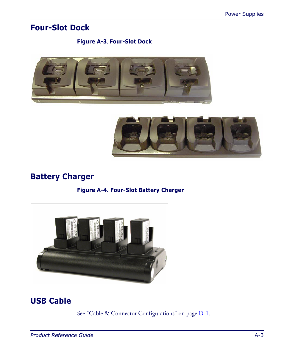 Four-slot dock, Battery charger, Usb cable | Datalogic Scanning FALCON 4400 SERIES User Manual | Page 63 / 212