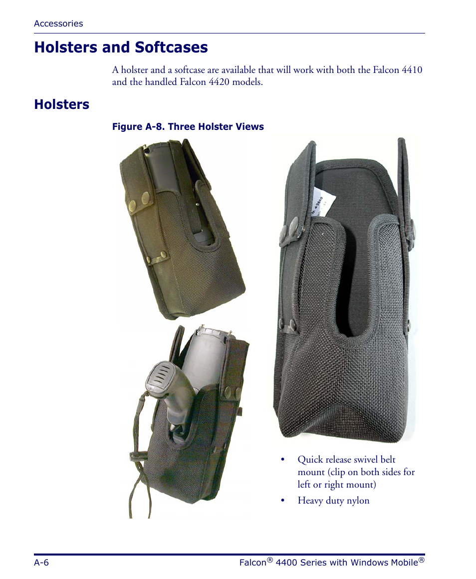 Holsters and softcases, Holsters | Datalogic Scanning FALCON 4400 SERIES User Manual | Page 66 / 212