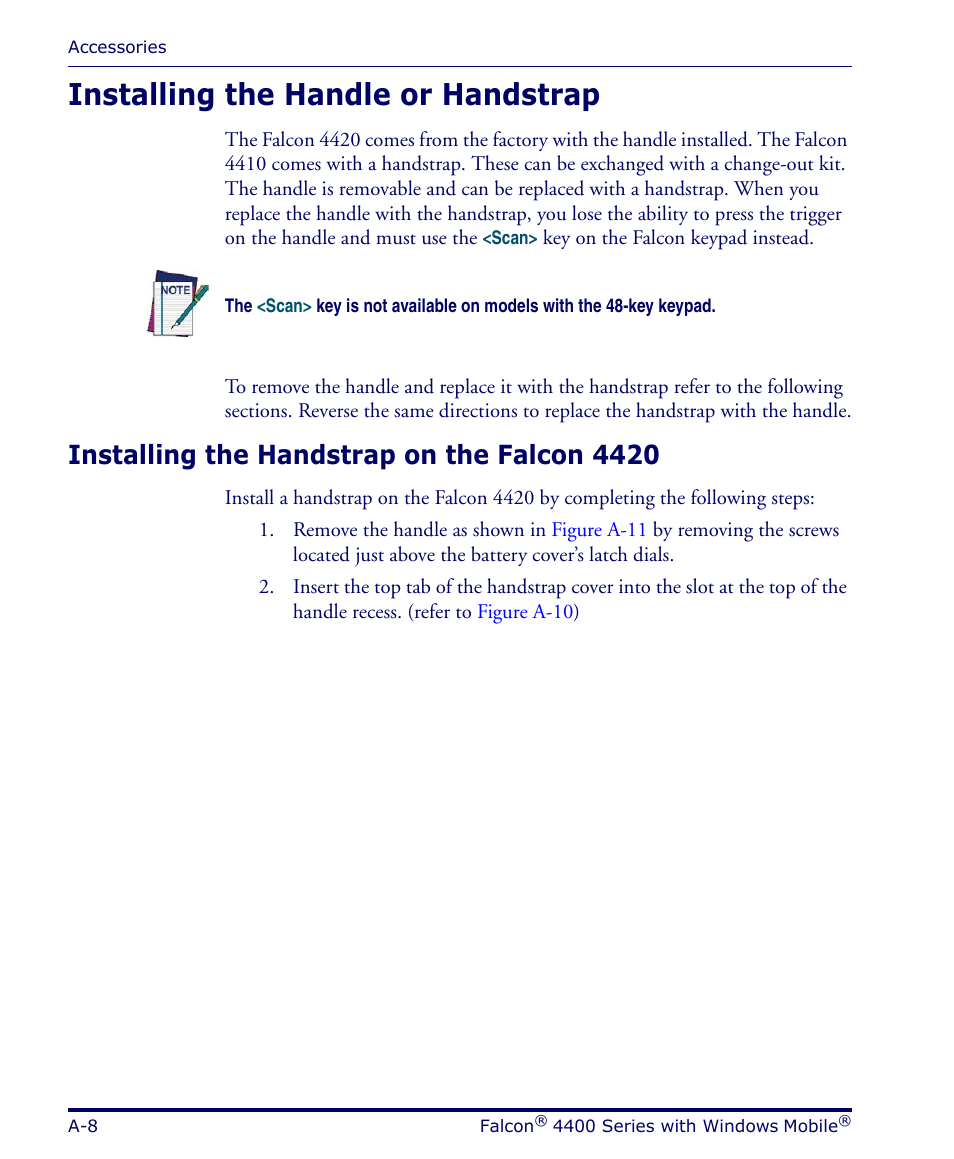 Installing the handle or handstrap, Installing the handstrap on the falcon 4420 | Datalogic Scanning FALCON 4400 SERIES User Manual | Page 68 / 212