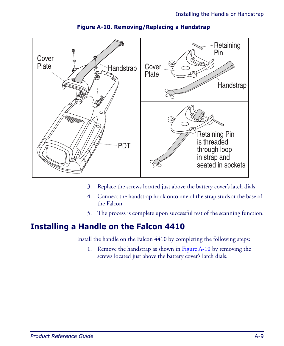 Installing a handle on the falcon 4410, Figure a-10 | Datalogic Scanning FALCON 4400 SERIES User Manual | Page 69 / 212