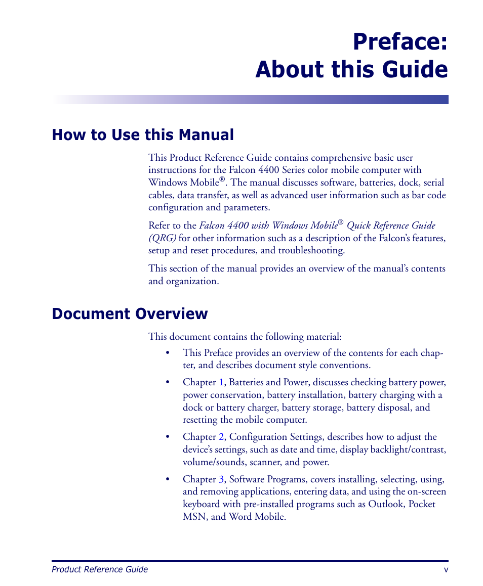 How to use this manual, Document overview, Preface: about this guide | Datalogic Scanning FALCON 4400 SERIES User Manual | Page 7 / 212