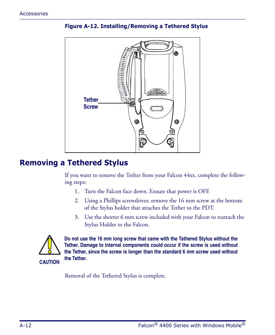 Removing a tethered stylus | Datalogic Scanning FALCON 4400 SERIES User Manual | Page 72 / 212