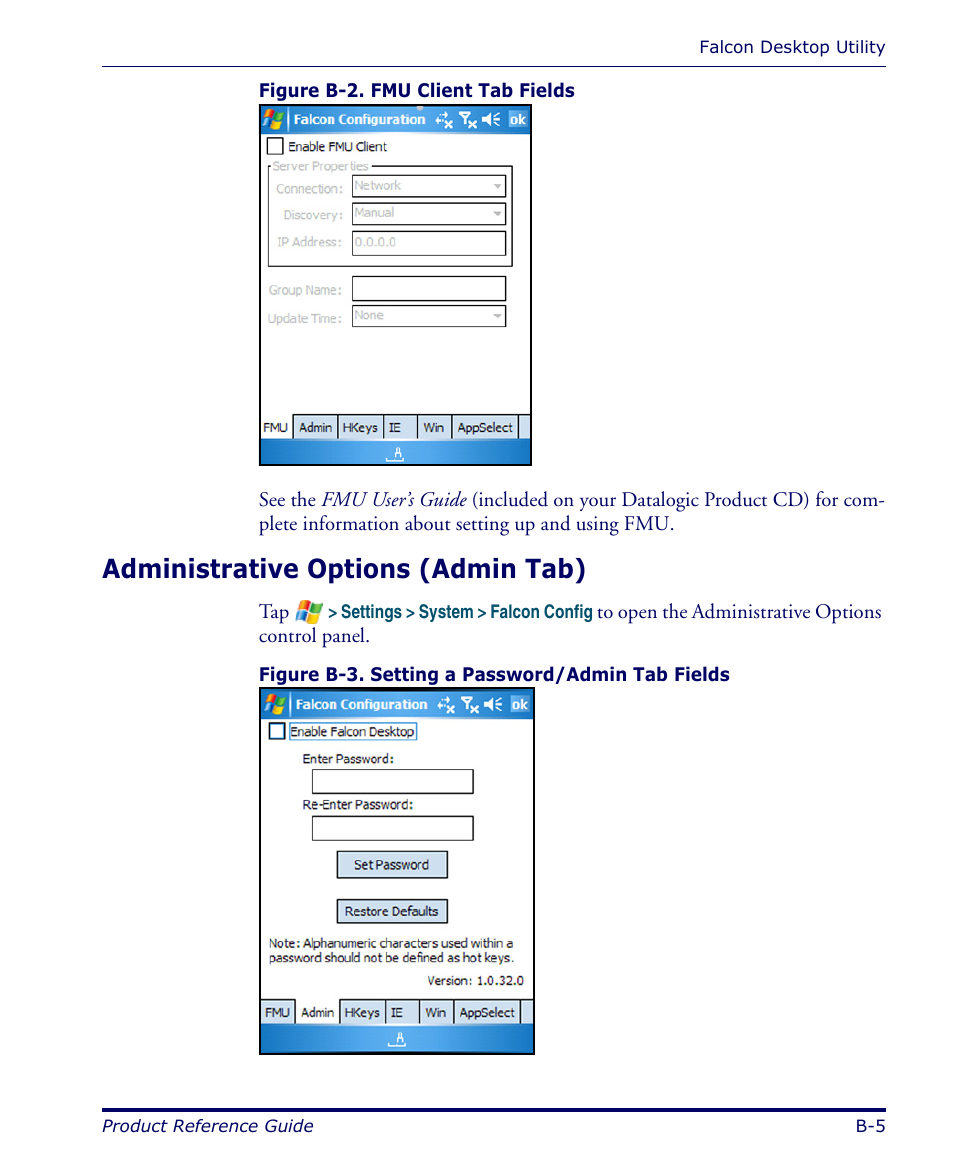 Administrative options (admin tab) | Datalogic Scanning FALCON 4400 SERIES User Manual | Page 77 / 212