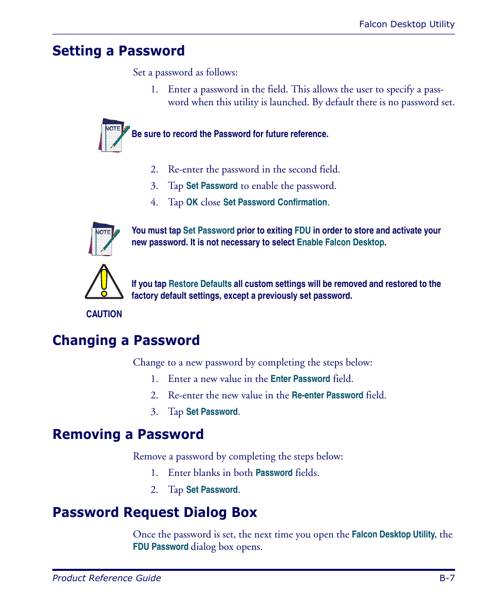 Setting a password, Changing a password, Removing a password | Password request dialog box | Datalogic Scanning FALCON 4400 SERIES User Manual | Page 79 / 212